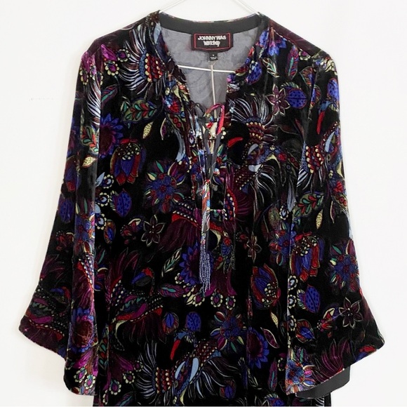 Johnny Was NWT Tie Front Kimono Dress Velvet  Silk Floral Black Jewel size S - Picture 3 of 16